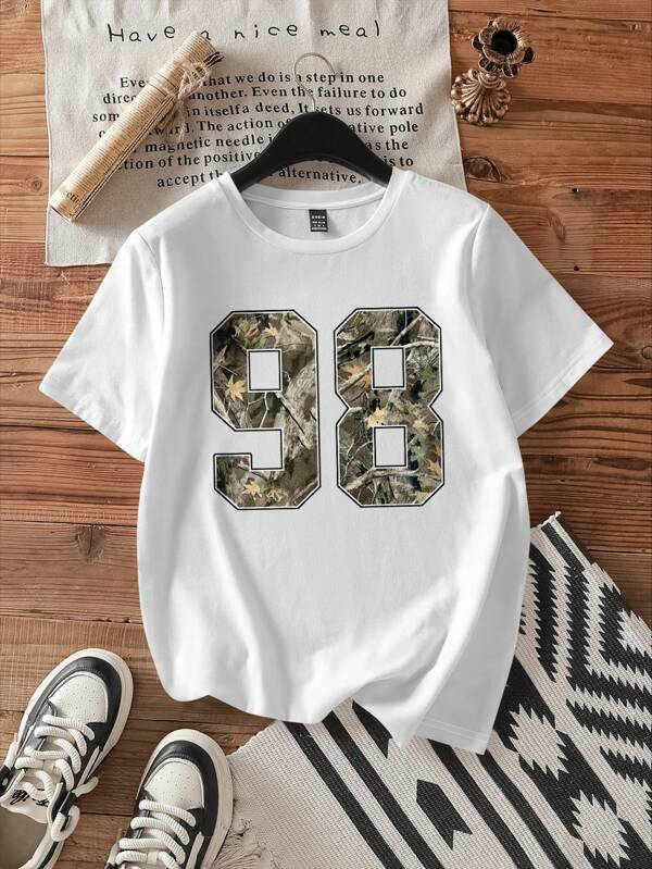 Attitoon Casual Round Neck 98 Digit & Camouflage Branch Pattern Short Sleeve Fitted Women T-Shirt, 34% Cotton, Suitable For Summer Back To School