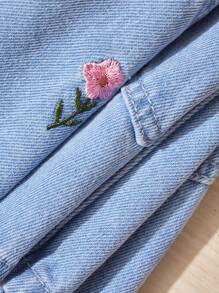 SHEIN Váy yếm denim xanh thêu hoa cho bé gái, váy hoa đồng quê cho bé gái, trang phục lễ hội đi biển cho bé gái - Rửa nhẹ - Xem 4