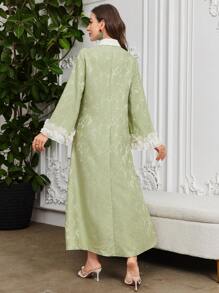 Al Najma 纯色拼布长袖简约花卉蕾丝领提花针织连衣裙，阿拉伯连衣裙，端庄 - 綠色 - 查看 2