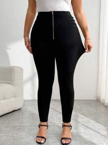 SHEIN Essnce 大码女装春夏商务休闲女装工作装复古女装约会夜女装大学生新款时尚办公室休闲优雅通勤设计前中拉链紧身打底裤正式黑裤 - 黑色 - 查看 5