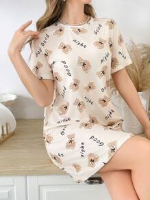 简约时尚小熊字母印花睡裙，休闲日常穿着，哞哞睡衣 - 彩色 - 查看 4