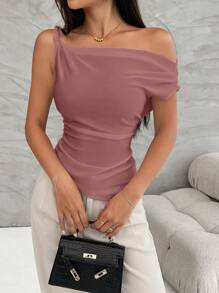 Firerie 女士不对称肩部荷叶边下摆休闲 T 恤，适合通勤，夏季 - 藕粉色 - 查看 6