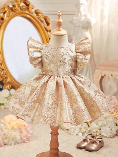 SHEIN Baby Girl Glamorous Cute Elegant Gold Floral Print Summer Dress