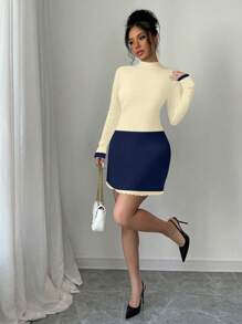 Calvaya New Autumn/Winter Retro Minimalist Splice Fitted Slim Knitted Sweater Dress For Women