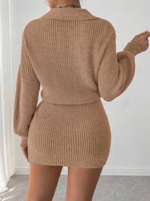 SHEIN Unity Women Solid Color Long Sleeve Slim Fit Short Knit Sweater Dress Fall Cloth For Women - Dusty Pink - View 2