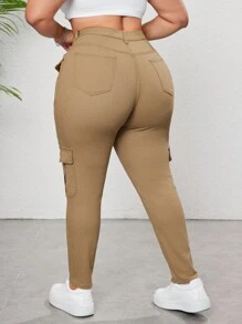 SHEIN CURVE+ Women's Plus Size Khaki Jeans High Stretch Denim Comfortable And Versatile Cargo Pocket Spring And Summer Jeans Slimming Tight Pants - Khaki - View 3