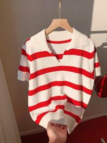 SHEIN EZwear Pull tricoté casual blocs de couleurs à rayures, grande taille, printemps/été