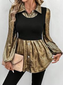 SHEIN LUNE 1 件女式二合一金箔灯笼袖衬衫 - 黑色和金色 - 查看 2