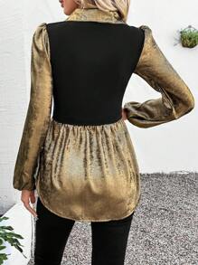 SHEIN LUNE 1 件女式二合一金箔灯笼袖衬衫 - 黑色和金色 - 查看 4