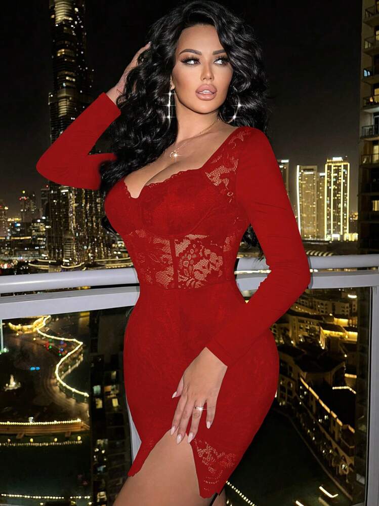 Glamine Red Sexy Lace Dress For Valentine's Day: Long Sleeve Curve-Hugging  Mini Dress With Slit Fall Cloth For Women | SHEIN USA