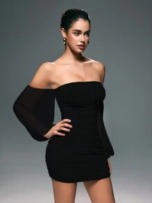 SHEIN Foxxy Elegant Black Dress,New Year Party Mini Dresses For Women, Summer Spring Solid Color Off Shoulder Backless Dress,Long Sleeve Slim Fit Sexy Short Dress, Casual Dress, Wedding Dress For Guest,Valentine Dating Dress,Prom Dress Formal Dress Cocktail Dress Beach Dress Night Out Dress Daily Wear,Party/Club/Night Out/Rave Festival Clothes,Going Out Daily Wear - Black - View 5