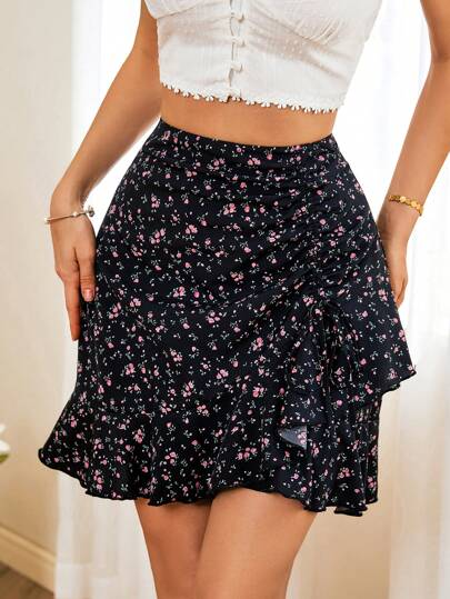 KARISMINA Women's Summer Ditsy Floral Ruffle Hem Drawstring Waist Casual Beach Mini Skirt,For Summer Vacation,Women Summer Clothing