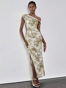 Chiquease Fashionable Tie-Dye Floral Asymmetric Twist Slit Maxi Dress