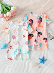 2pcs Set Baby Girls Cute Mermaid Shell Print Snug Fit Short Sleeve Romper - Multicolor - View 1