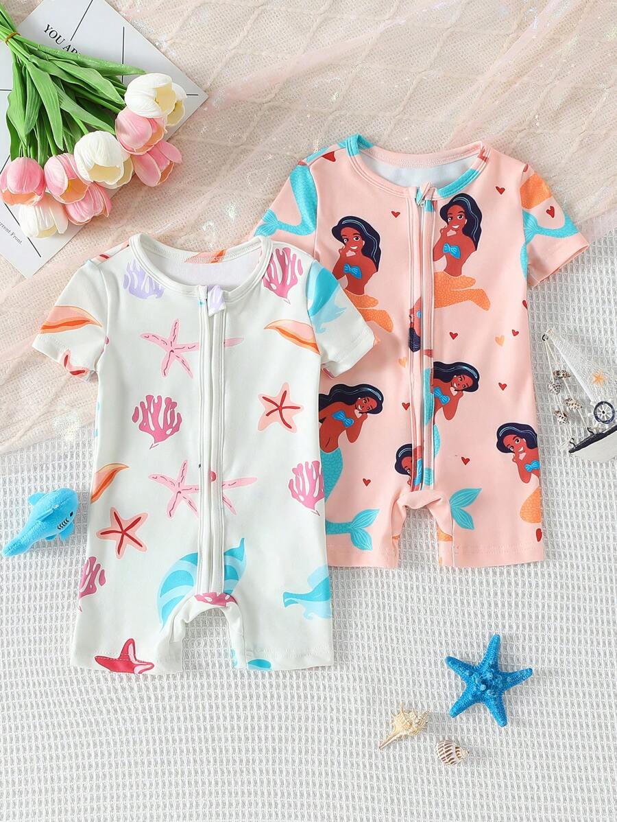 2pcs Set Baby Girls Cute Mermaid Shell Print Snug Fit Short Sleeve Romper - Multicolor - View 1