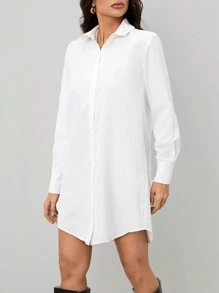 SHEIN Tall White Shirt Style Work Dress For Women, Spring - White - View 5