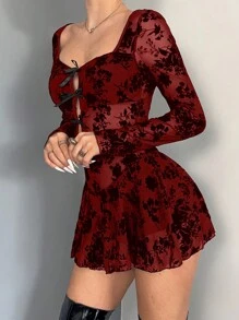 EgrlEra Women's Sexy Party Flocked Mesh Floral Print Solid Color Long Sleeve Bodycon Mini Dress Fall Cloth For Women - Burgundy - View 1