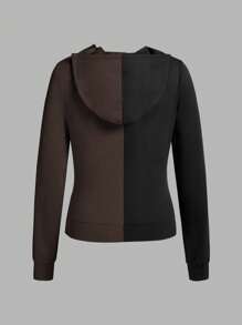 Slaydiva Herbst Lässig einfacher Kapuzenjacken schwarzer und grauer Mantel und schlanke, farblich abgestimmte Hosen Damen Zweiteiler-H