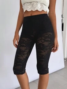 SHEIN Essnce Women's Black Lace See-Through Tights All-Match Shorts Leggings Women Bottoms Summer Clothes Women Capris Women Leggings