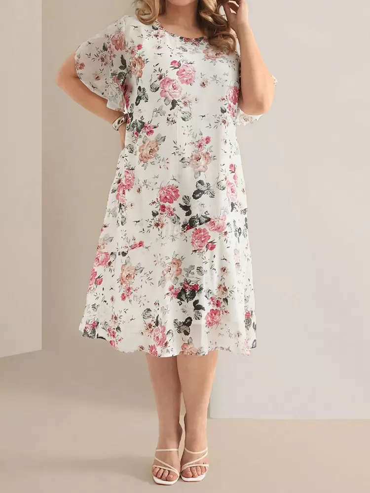 プラスサイズ フローラル オールオーバープリントカジュアルホリデードレス、春/夏、エレガントな女性用ドレス、フローラルドレス女性用