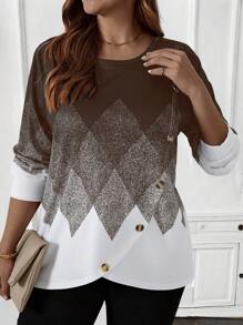EMERY ROSE Women's Plus Size Long Sleeve Black & White Geometric Printed Fall Sweatshirt - Brown - View 1