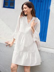 EMERY ROSE Đầm ngắn tay loe cổ xẻ màu trơn đơn giản cho kỳ nghỉ của phụ nữ - trắng - Xem 1