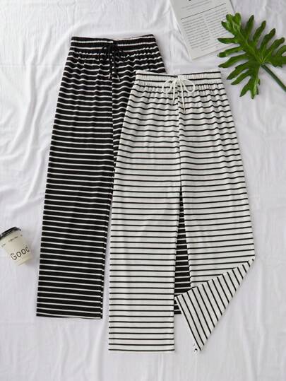 2pcs Women Casual Knit Striped Print Drawstring Waist Lounge Cozy Pants Set, Fall Winter Clothes