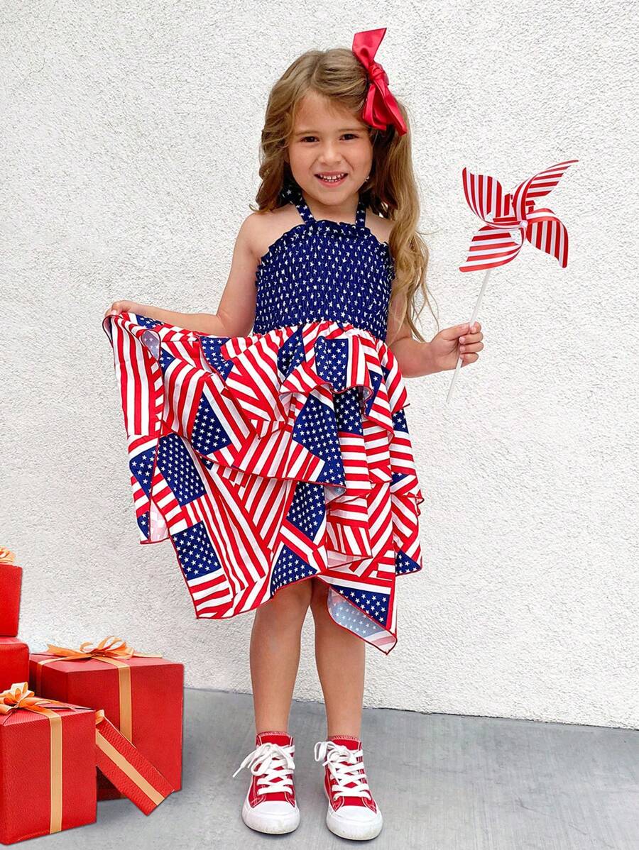 SHEIN 年輕女孩編織無袖褶皺A字裙，美國國旗印花 - 彩色 - 查看 1