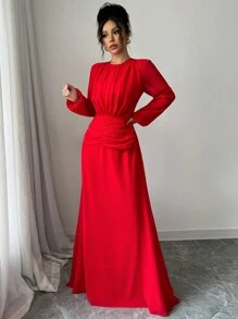 Elenzga Vestido de manga larga con cintura acampanada, fruncido y de tul rojo elegante y romántico para el Día de San Valentín