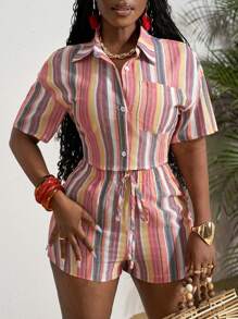 Slaydiva Spring And Summer New Casual Vacation Shirt Collar Open Placket Short-Sleeved Cropped Top + Fitted Shorts Colorful Striped Women's Two-Piece Set - Multicolor - View 4