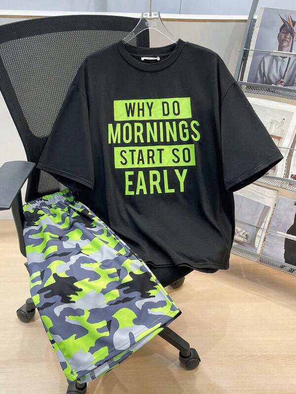 SHEIN 2pcs Set Teen Boy's Slogan Graphic Top & Camo Shorts Set;Spring Wear; Teen Boys' Clothing; Teen Boy' Jackets, Spring Back To School