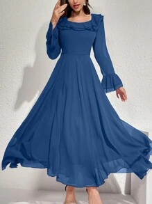 Modelyn 女士优雅纯色喇叭袖荷叶边下摆连衣裙，秋季长款女装 - 藍色 - 查看 6