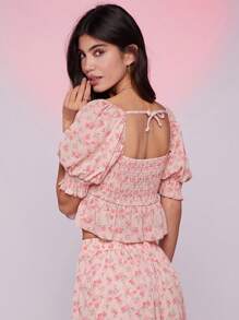 WESTFADE Áo crop top peplum cổ vuông tay bồng in hoa mùa xuân cho lễ hội - Màu be - Xem 3