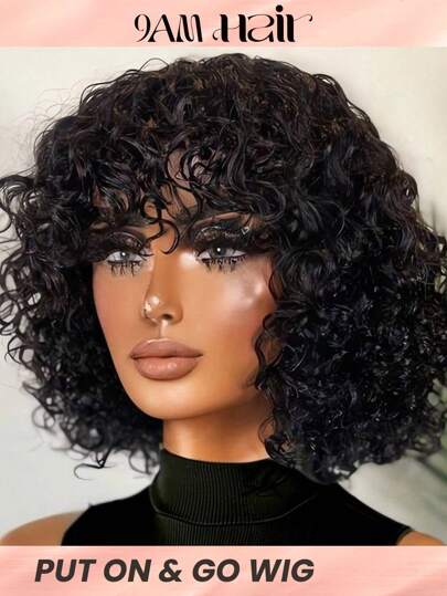 Short Water Wave Human Hair Wigs With Bangs Real Affordable Hair Replacement Wig Cheap Wig For Beginner Friendly Ready Wear To Go Wig Natural Black Color