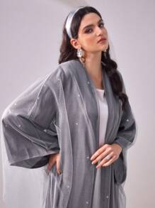 Al Najma 女士优雅银箔网眼阿拉伯长袍 - 灰色 - 查看 2