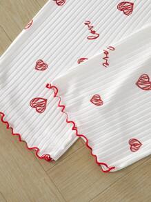 女士 3 件套心形印花吊带背心和裤子睡衣套装，情人节服装 - 彩色 - 查看 3