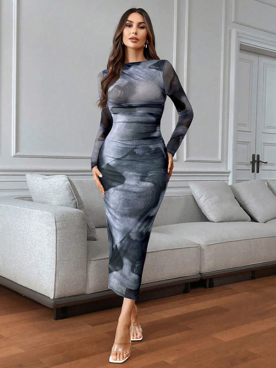 Firerie Women's Elegant Tie-Dye Print Mesh Fitted Bodycon Dress - Blue - View 1