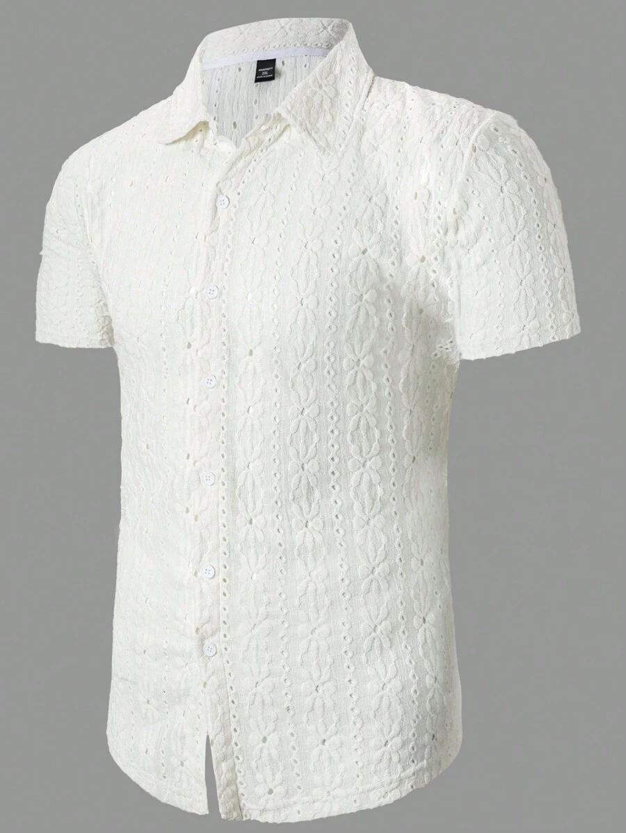Manfinity Homme Plus Size Men Solid Color Hollow Embroidery Short Sleeve Casual Shirt - Apricot - View 1