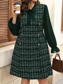 SHEIN Clasi 大码女式优雅黑色雪纺袖拼布仿粗花呢针织印花长裙，金属纽扣拼色，适合商务通勤，秋冬季 - 墨綠色 - 查看 1