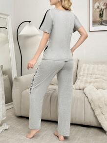 Contrast Panel Casual Letter Print Short Sleeve And Pants Pajama Set