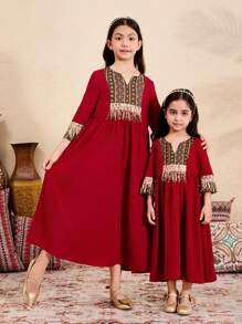 SHEIN Tween Girls' Loose Casual Sequins Tassel Print Colorblock Dress - Burgundy - View 3