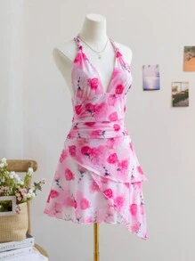 Soleia Vestido corto de mujer con estampado de flor de rosa romántica del Día de San Valentín, tipo halter, para vacaciones - Rosa - Ver 8