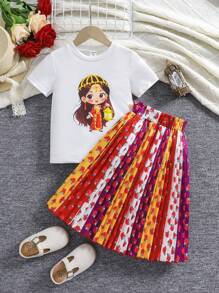 SHEIN Set 2 bucăți pentru fetițe cu imprimeu grafic, cu gât rotund, cu mâneci scurte și fuste - Multicolor - Vizualizare 3