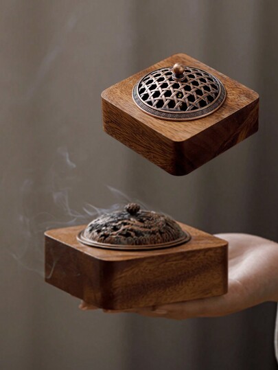 SHEIN 1pc A Solid Color Walnut Incense Burner - Dragon And Phoenix Cover Walnut Zen Tea Ceremony Incense Burner Home Decoration Chinese Style Indoor Agarwood Spice Aromatherapy Hollow With Cover Incense Holder Bottom Halloween, Spooky, Autumn, Festival, Holiday Christmas, Winter, Holiday, Festival