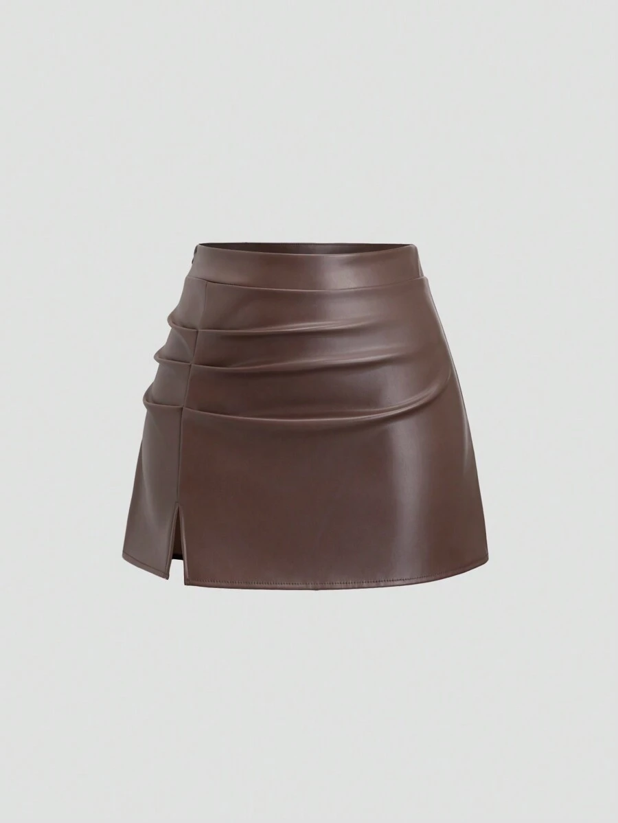 Sweetra Women's Brown Leather Mini Skirt With Side Slits And Ruched Detailing - Coffee Brown - View 1