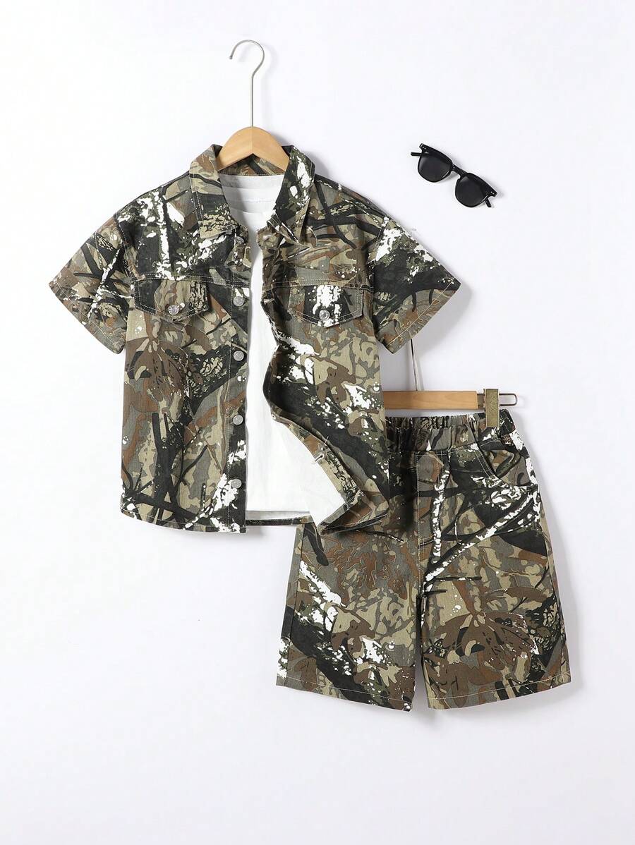 SHEIN Tween Boy Casual Retro Print Denim Set, School, Campus, College - Multicolor - View 1