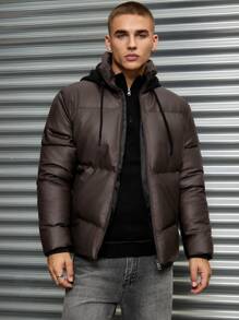 SHEIN Cottnline Men's Basic PU Fabric Thermal Lined Hoodie, Slim Fit Padded Coat - Brown - View 4