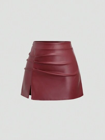 Sweetra Women's Burgundy Faux Leather Mini Skirt With Side Slits