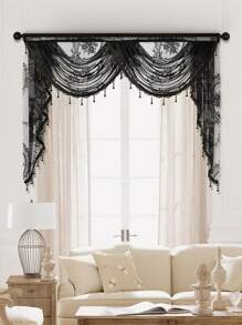 1pc Black Lace Heavy Curtain, Sweet Style With Exquisite Floral Ruffle Edge And Curtain Heading, Suitable For Living Room And Bedroom Windows/Doors Decor, Christmas Home Decor,Fall Decor,Autumn Decor,Room Decor - Black - View 3