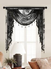 1pc Black Lace Heavy Curtain, Sweet Style With Exquisite Floral Ruffle Edge And Curtain Heading, Suitable For Living Room And Bedroom Windows/Doors Decor, Christmas Home Decor,Fall Decor,Autumn Decor,Room Decor - Black - View 2
